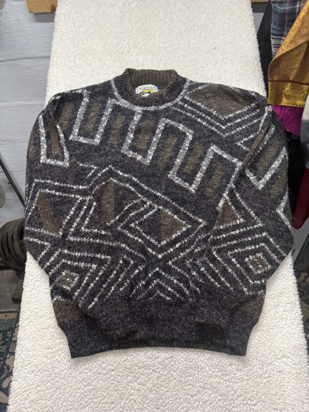 Vintage Le Tigre Men's Geometric Pattern Crewneck Sweater - Brown/Gray, size XL